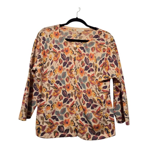 Garnet Hill Sweaters - Garnet Hill Merino Wool Floral Cardigan Sweater Womens XL Crop Birds Nature Boho